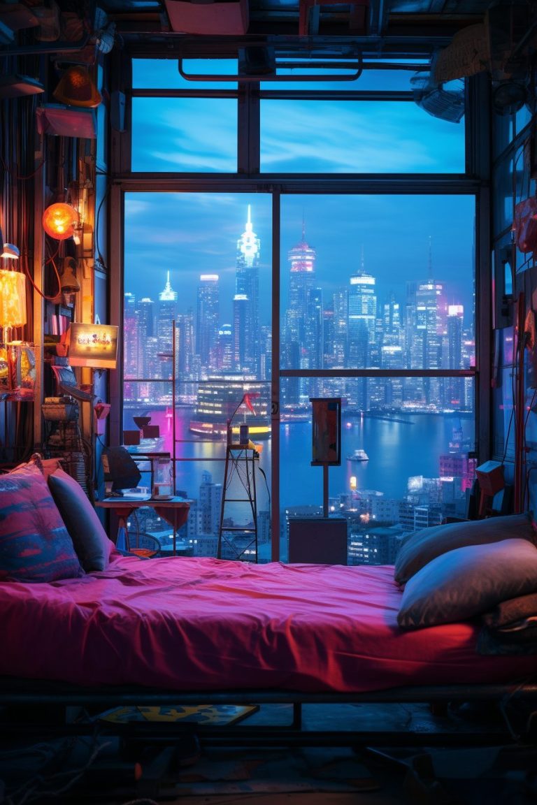 Bedroom with a Cyberpunk Waterfront View