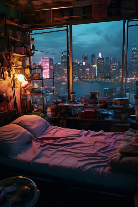 Bedroom with a Cyberpunk Waterfront View