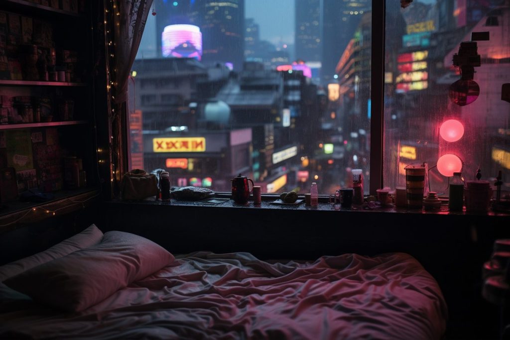 Cozy Bedroom with an Urban View AI Artwork 33