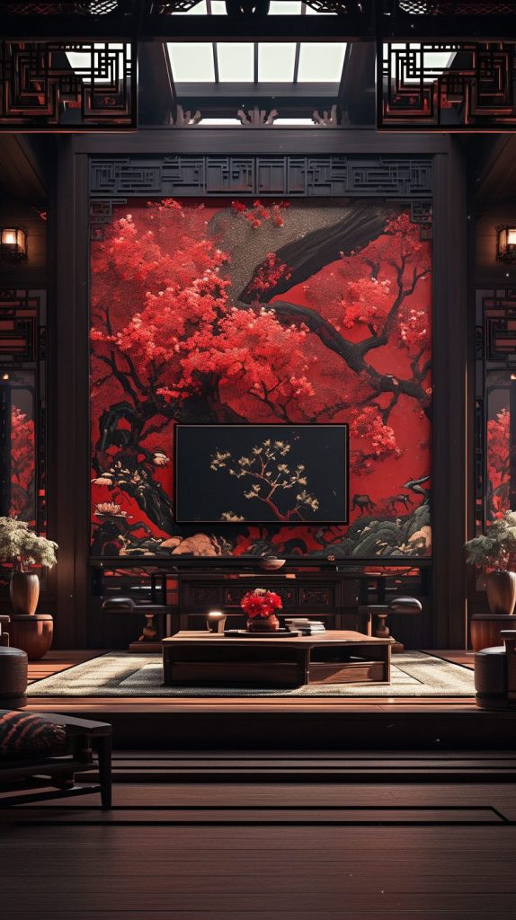 Modern Chinese Home Interior - Red and Dark Wood Accents AI Artwork 11