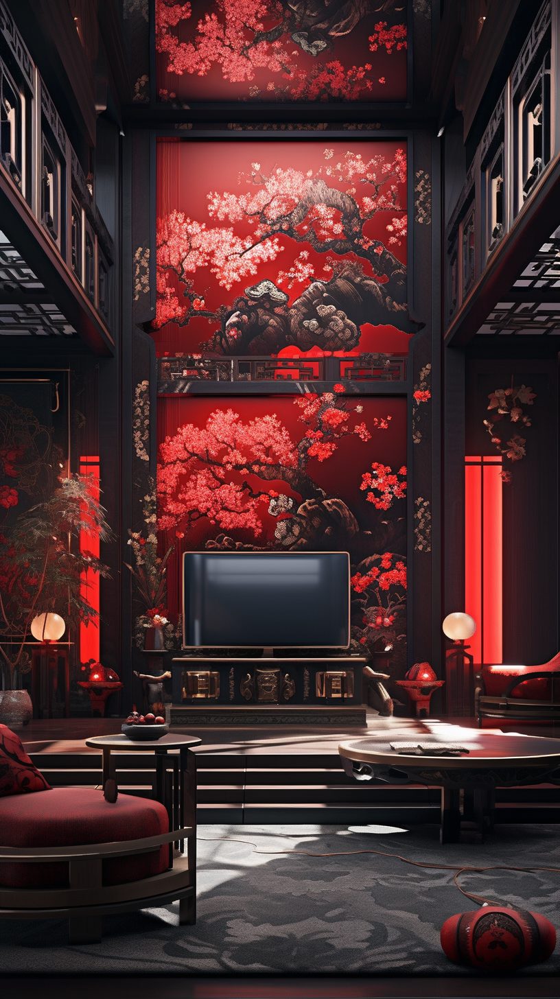 Modern Chinese Home Interior – Red and Dark Wood Accents