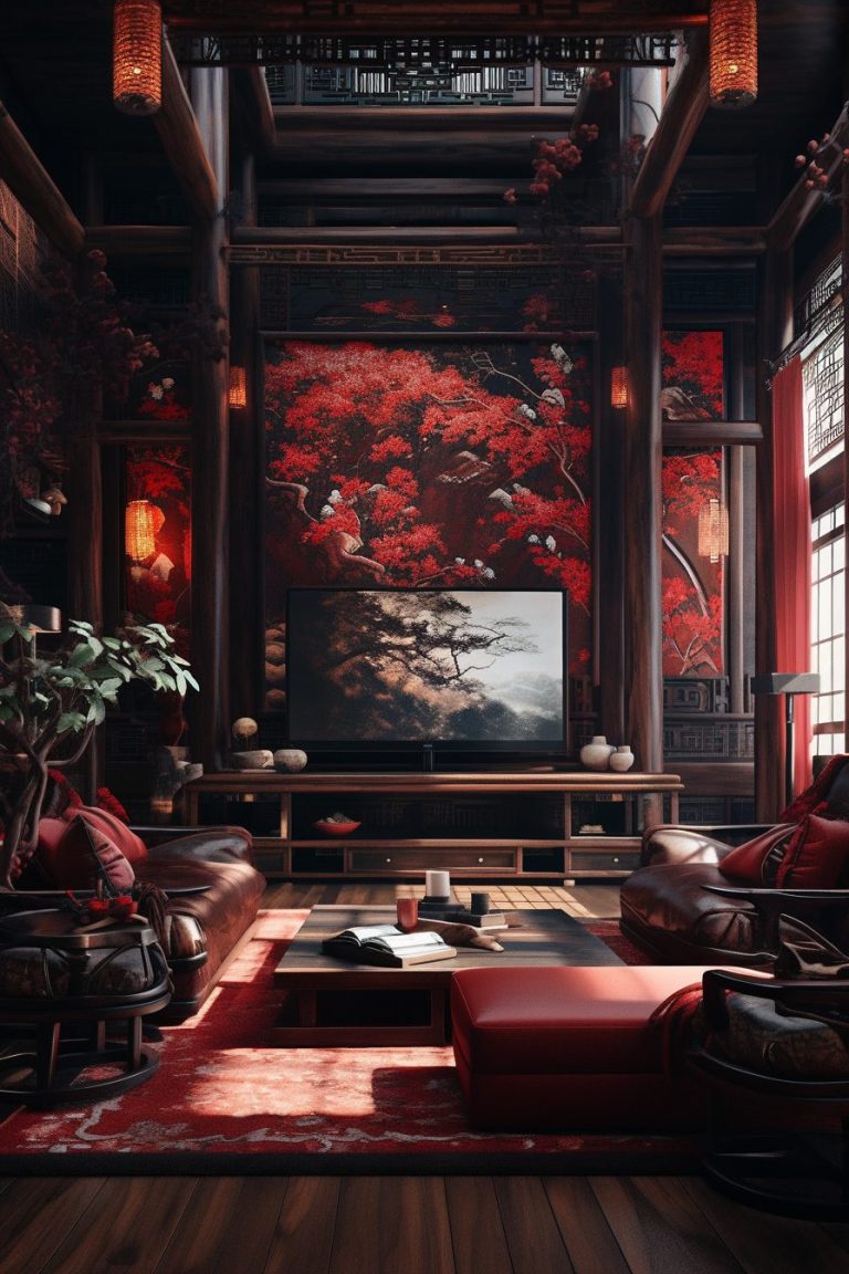 Modern Chinese Home Interior – Red and Dark Wood Accents