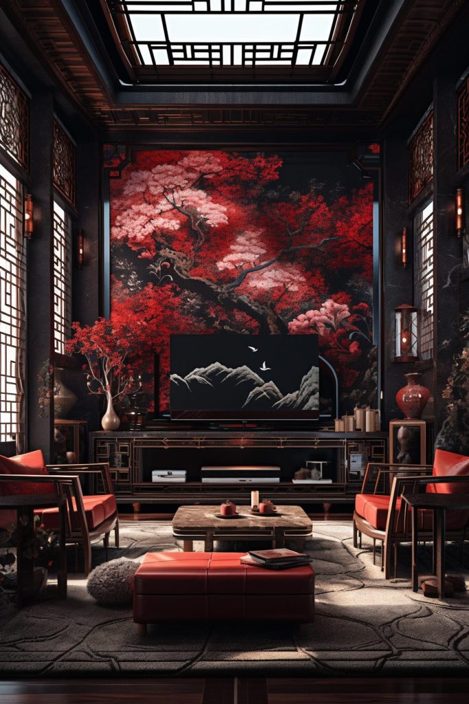 Modern Chinese Home Interior - Red and Dark Wood Accents AI Artwork 21