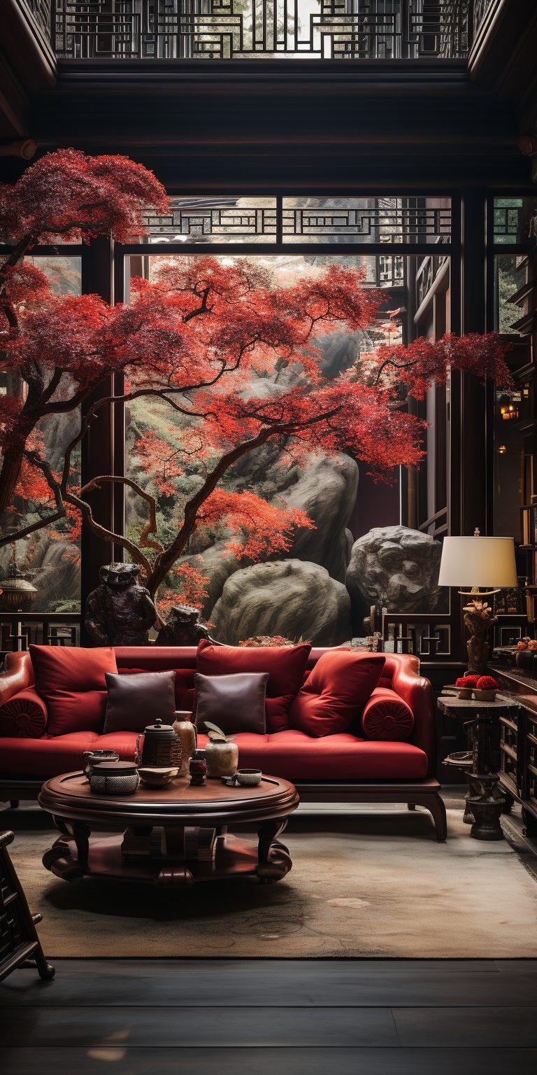 Modern Chinese Home Interior – Red and Dark Wood Accents