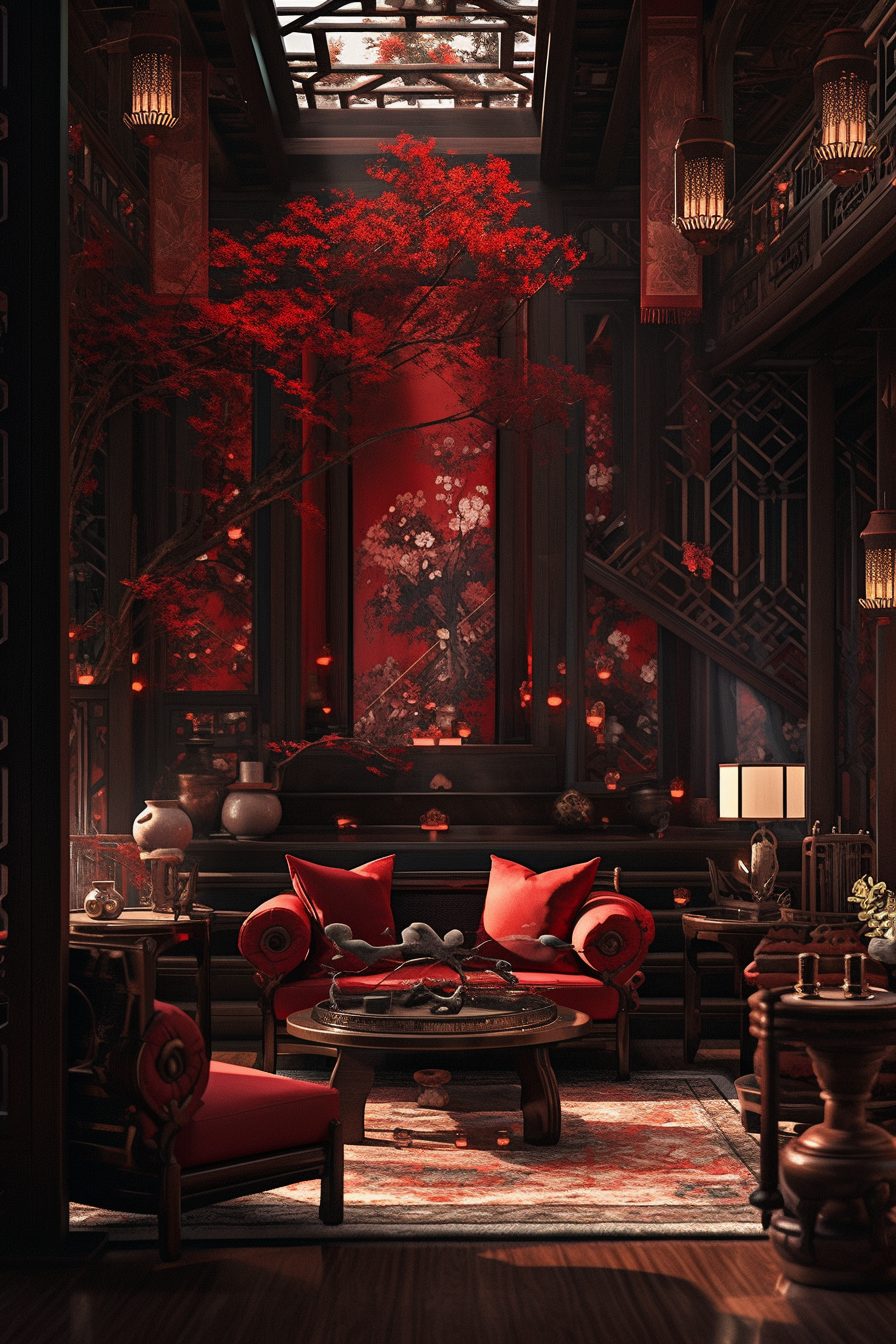 Modern Chinese Home Interior – Red and Dark Wood Accents