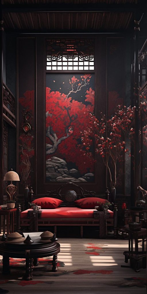 Modern Chinese Home Interior - Red and Dark Wood Accents AI Artwork 28