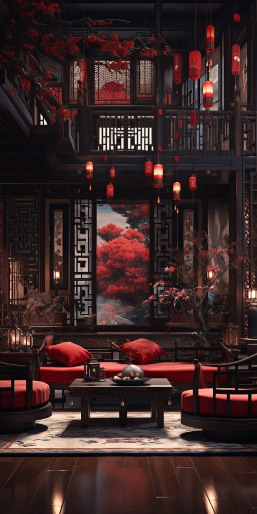 Modern Chinese Home Interior - Red and Dark Wood Accents AI Artwork 29
