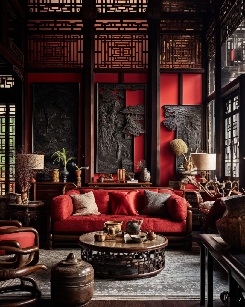 Modern Chinese Home Interior - Red and Dark Wood Accents AI Artwork 3