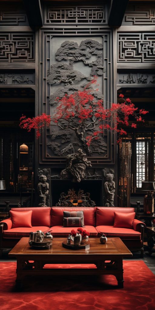 Modern Chinese Home Interior - Red and Dark Wood Accents AI Artwork 33