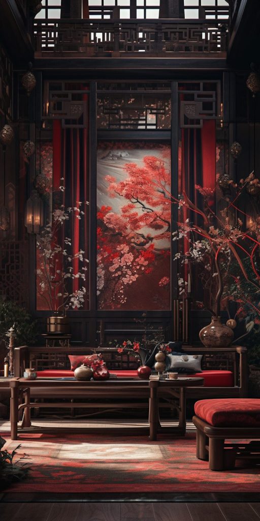 Modern Chinese Home Interior - Red and Dark Wood Accents AI Artwork 40