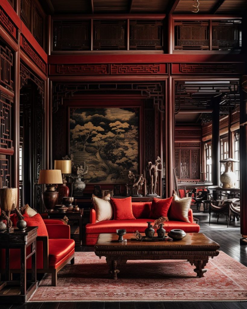 Modern Chinese Home Interior - Red and Dark Wood Accents AI Artwork 7