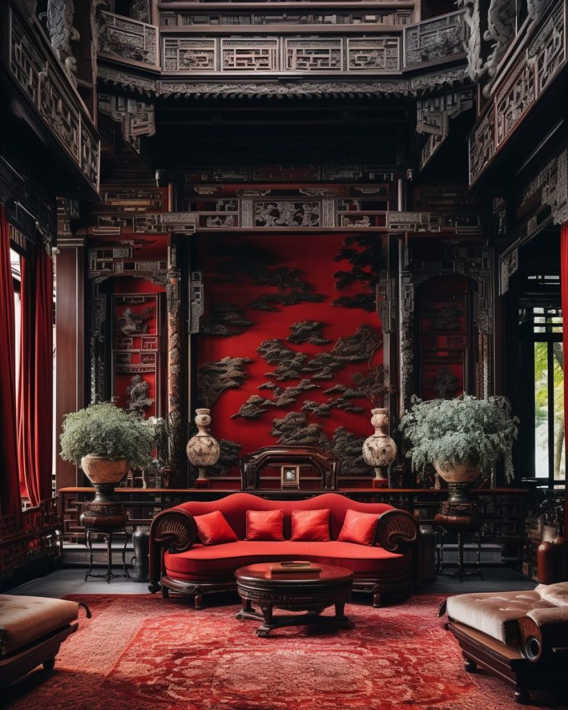 Modern Chinese Home Interior - Red and Dark Wood Accents AI Artwork 9