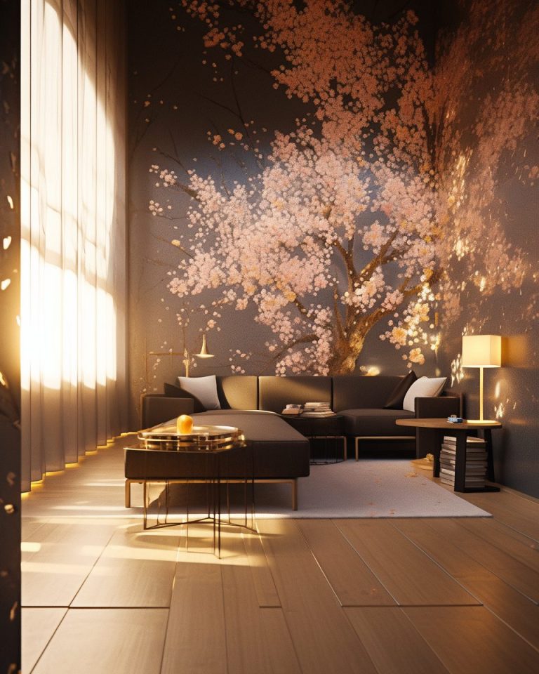Modern and Luxurious Apartment with Golden Cherry Blossom Decor