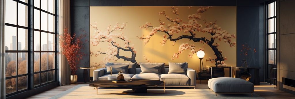 Modern and Luxurious Apartment with Golden Cherry Blossom Decor AI Artwork 13