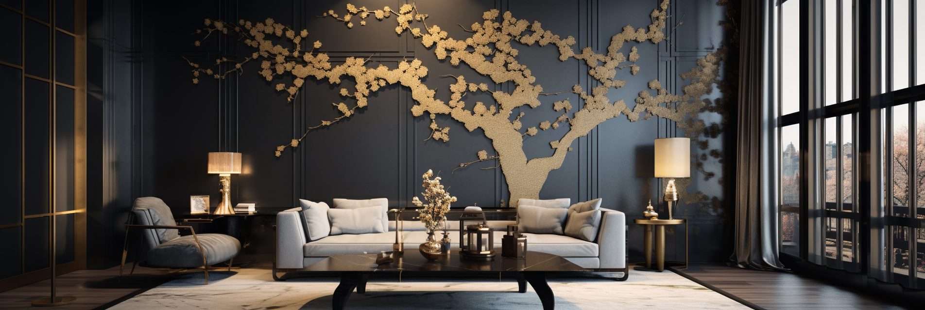Modern and Luxurious Apartment with Golden Cherry Blossom Decor