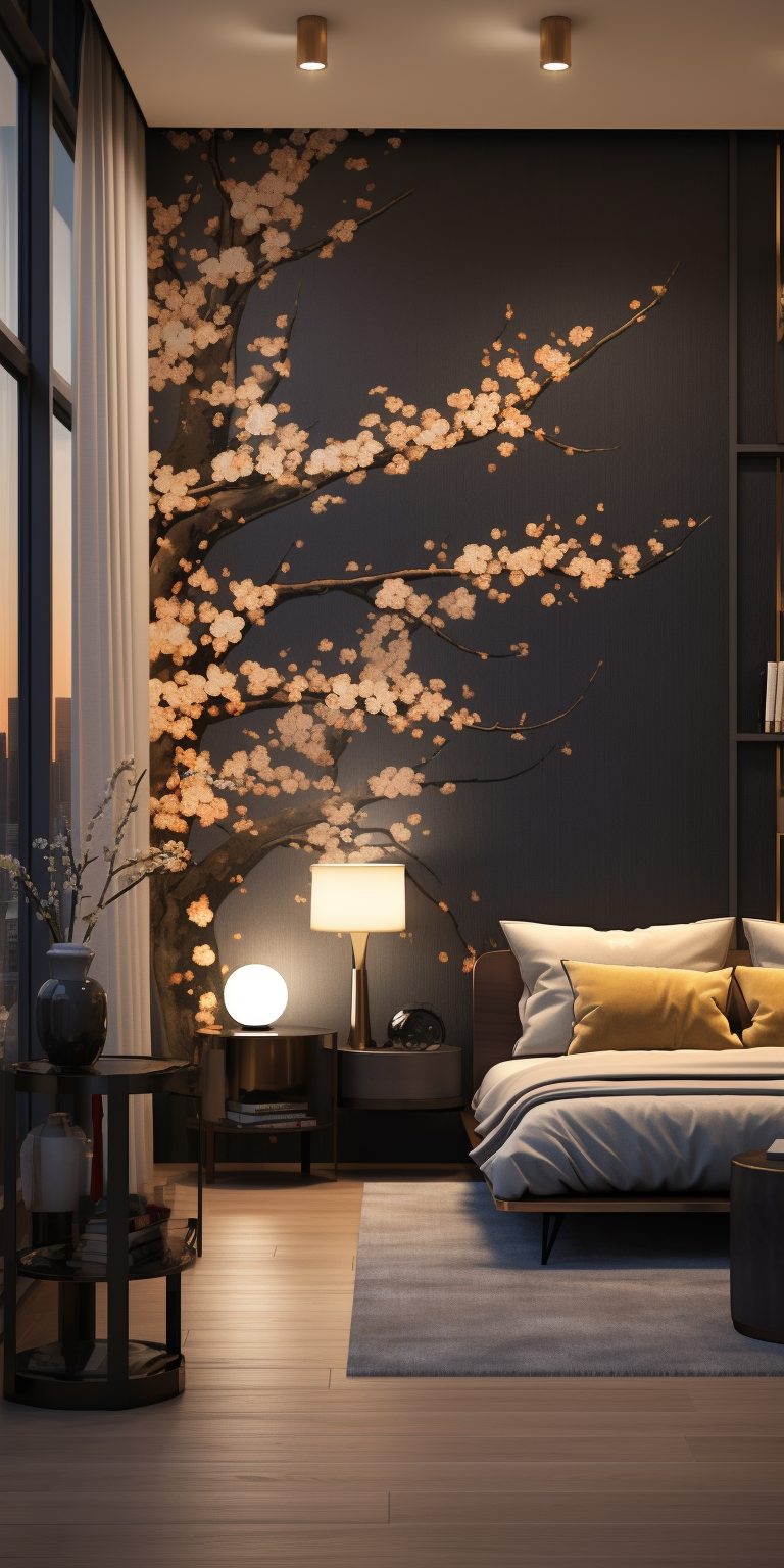 Modern and Luxurious Apartment with Golden Cherry Blossom Decor