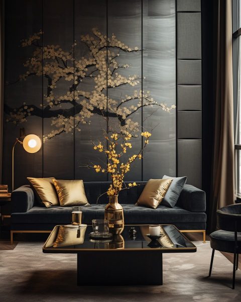 Modern and Luxurious Apartment with Golden Cherry Blossom Decor