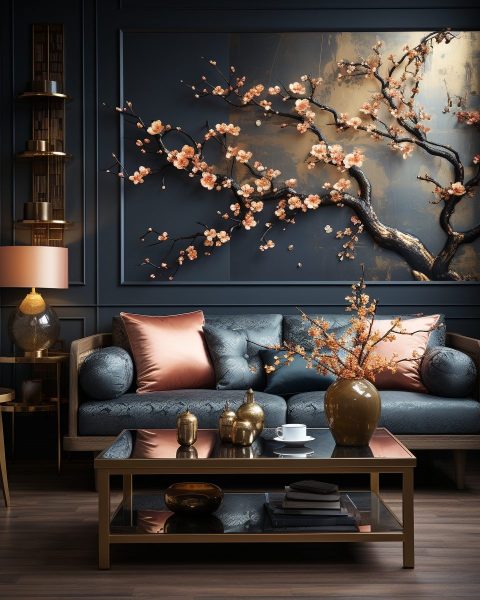 Modern and Luxurious Apartment with Golden Cherry Blossom Decor