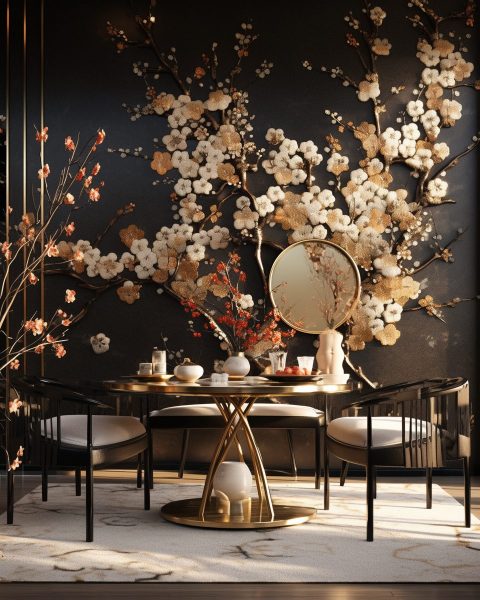 Modern and Luxurious Apartment with Golden Cherry Blossom Decor