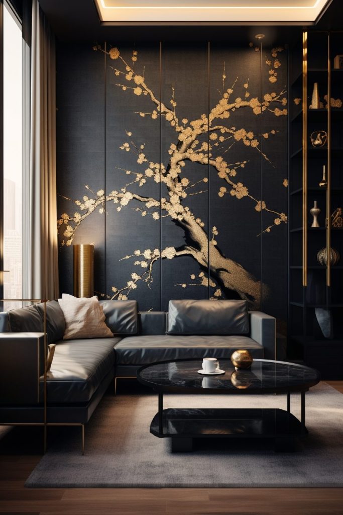 Modern and Luxurious Apartment with Golden Cherry Blossom Decor AI Artwork 3