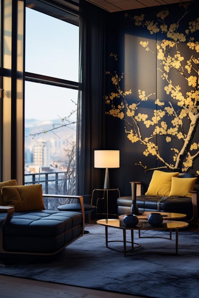 Modern and Luxurious Apartment with Golden Cherry Blossom Decor AI Artwork 5