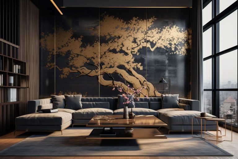 Modern and Luxurious Apartment with Golden Cherry Blossom Decor