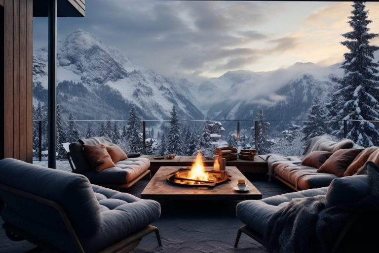 Patio of a Snowy Modern Mountain Home