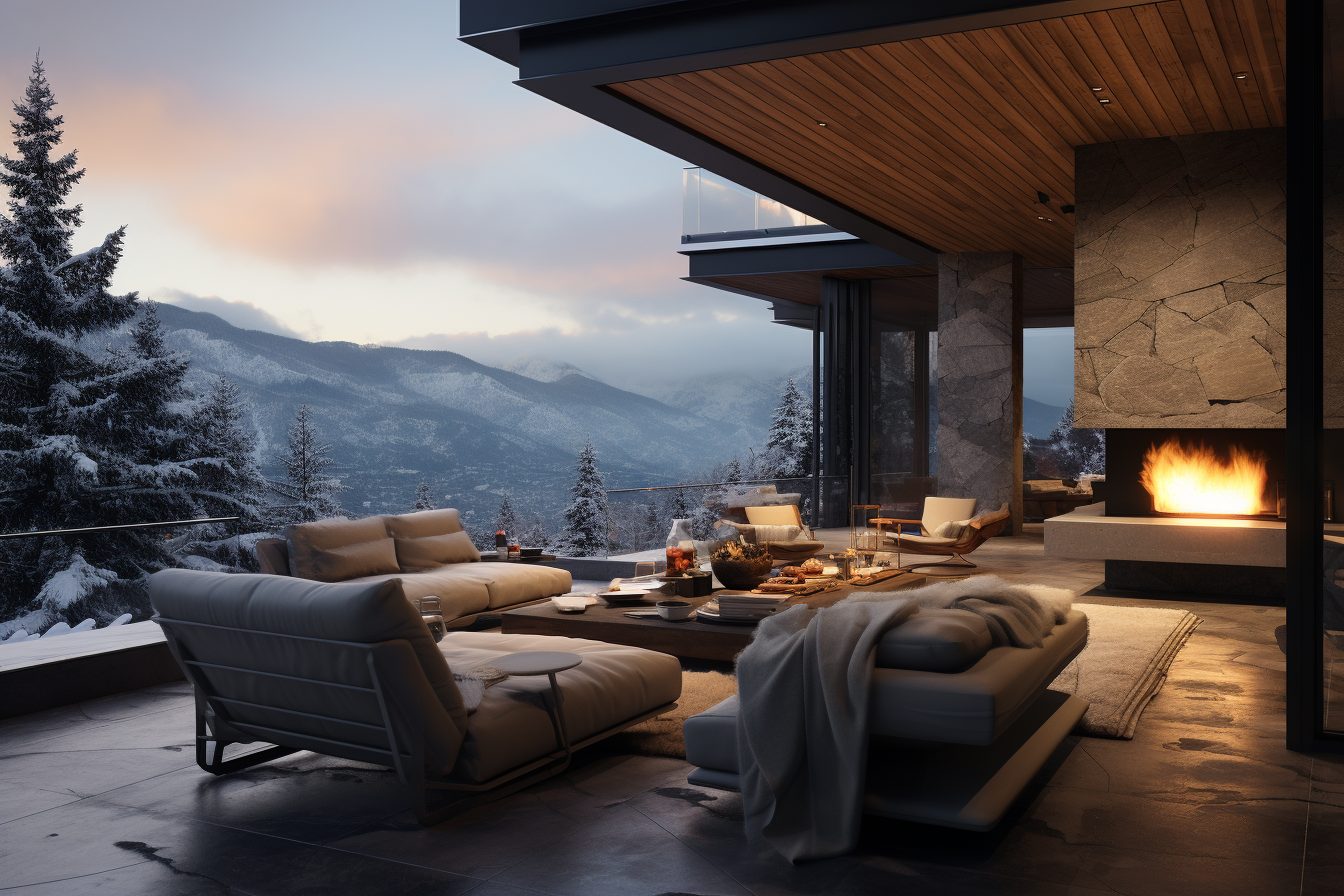 Patio of a Snowy Modern Mountain Home