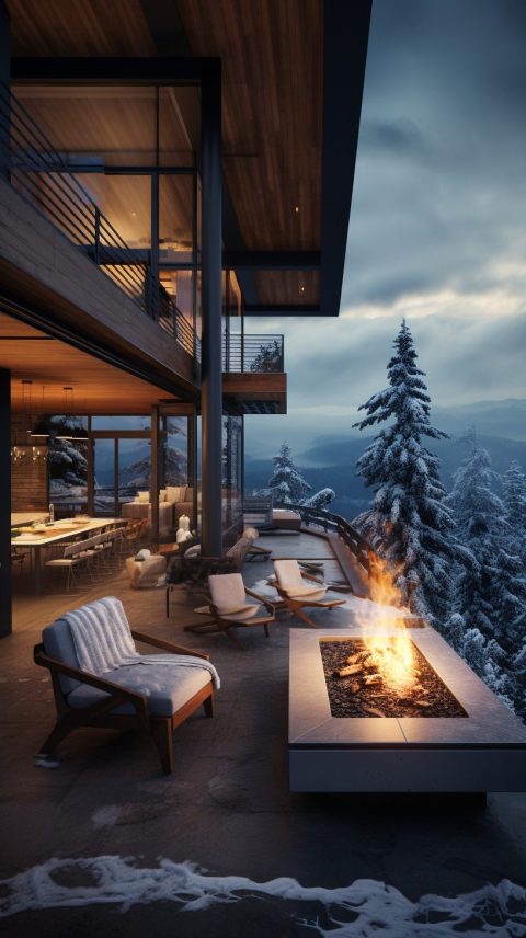 Patio of a Snowy Modern Mountain Home