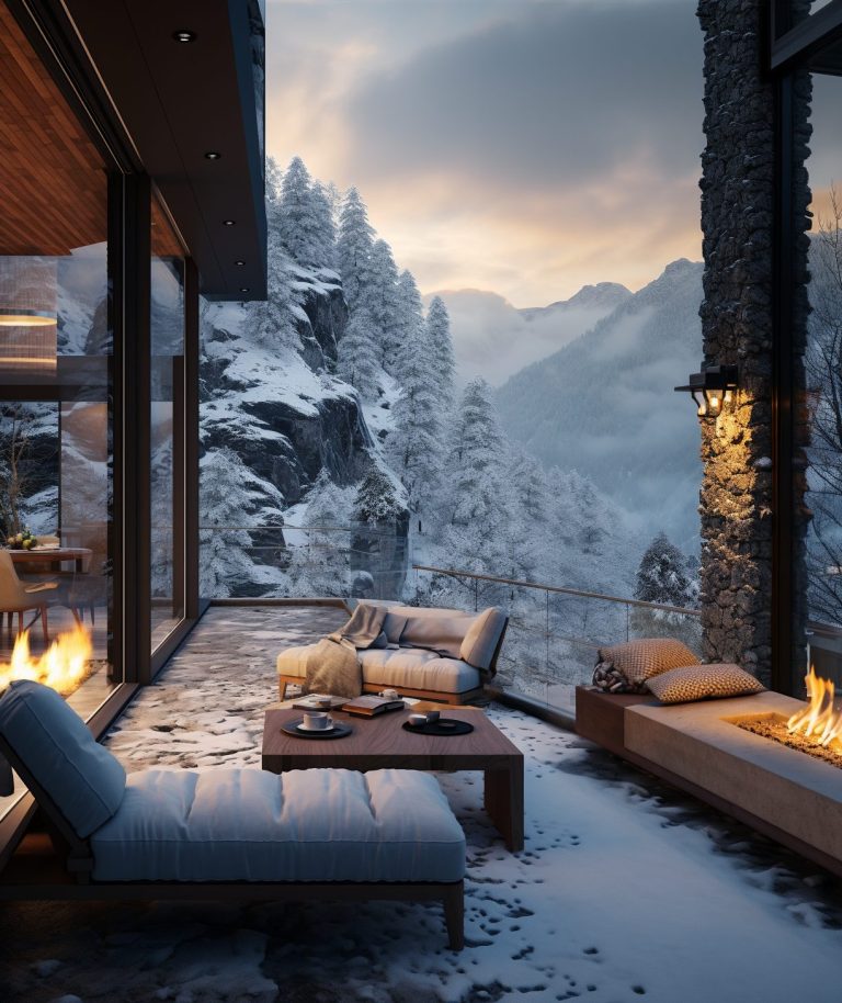 Patio of a Snowy Modern Mountain Home