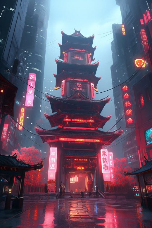 The Red Temple of a Cyberpunk City AI Artwork