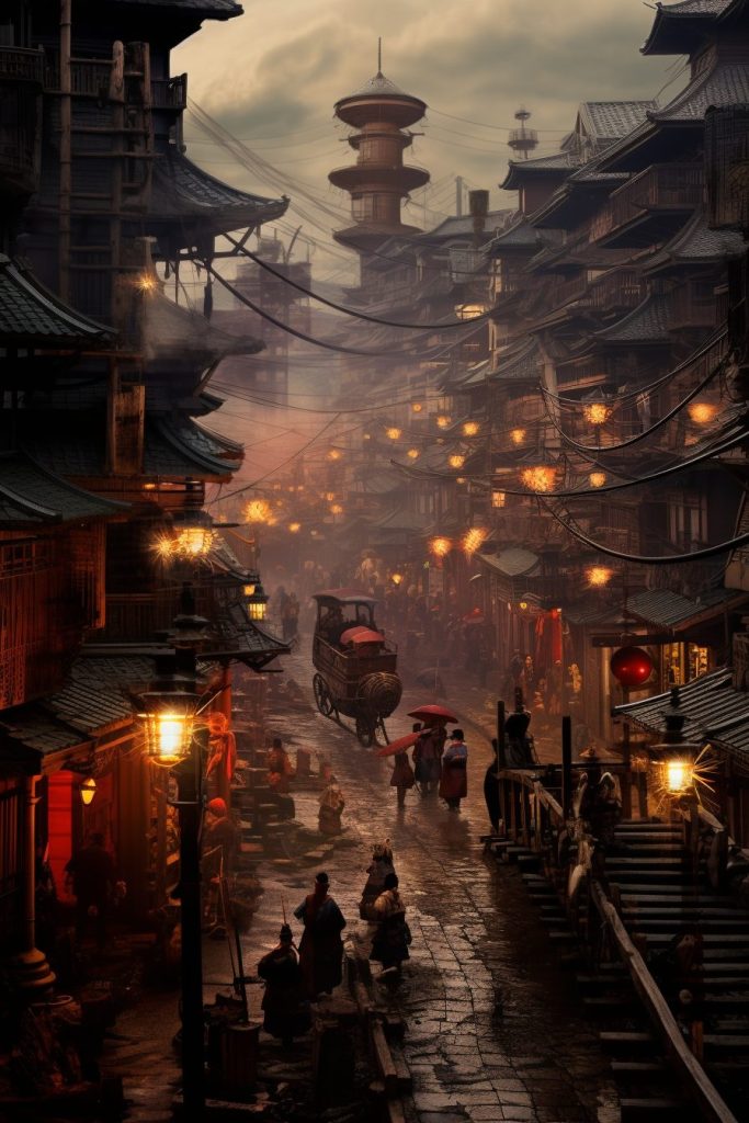 Traditional Japanese Town With Steampunk Vibe AI Artwork 14