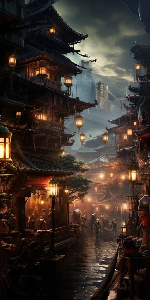 Traditional Japanese Town With Steampunk Vibe AI Artwork 2