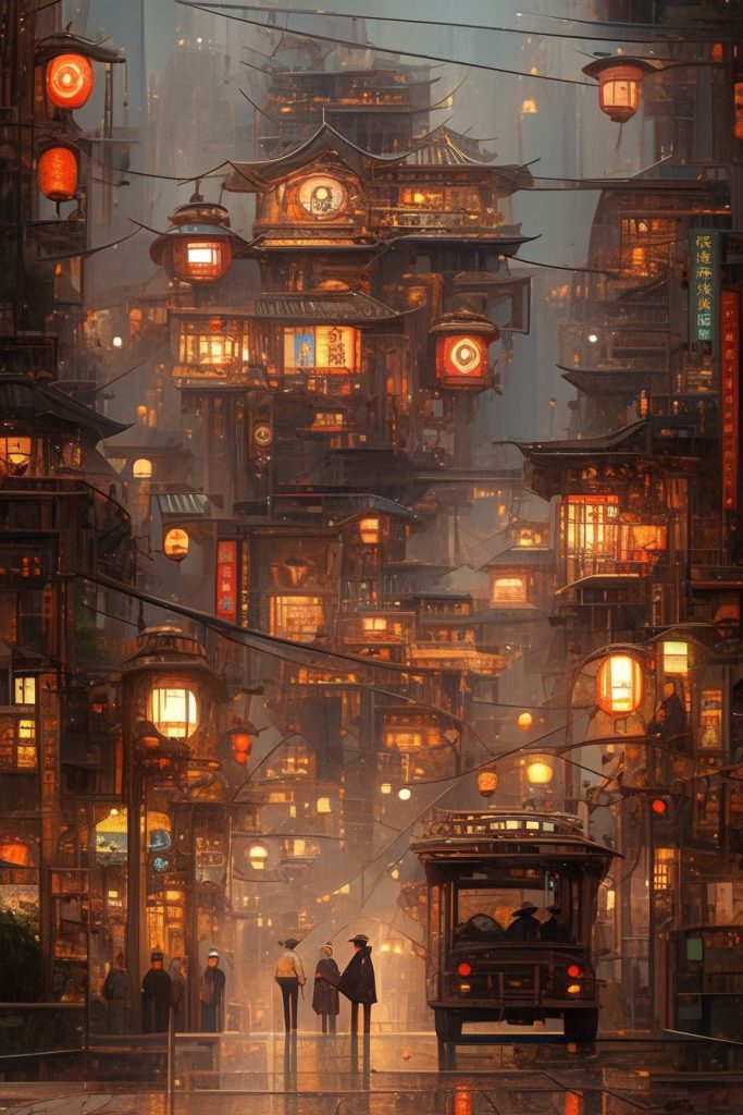Traditional Japanese Town With Steampunk Vibe AI Artwork 34