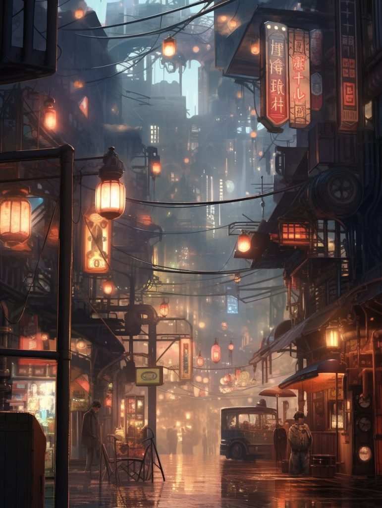 Traditional Japanese Town With Steampunk Vibe AI Artwork 37