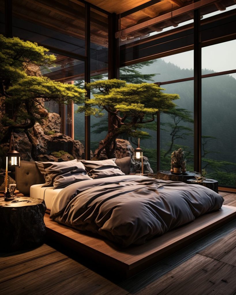 Zen Bedroom with Indoor Bonsai Garden AI Artwork 12