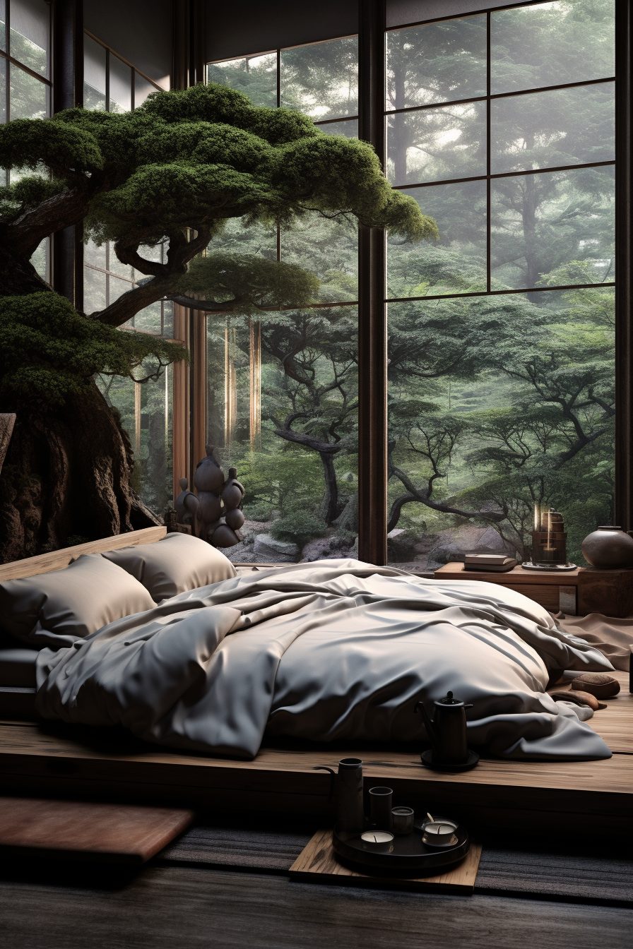 Image showcasing Zen Bedroom With Indoor Bonsai Garden