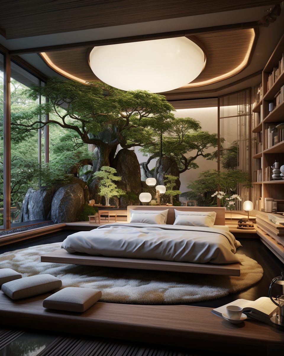 Zen Bedroom With Indoor Bonsai Garden