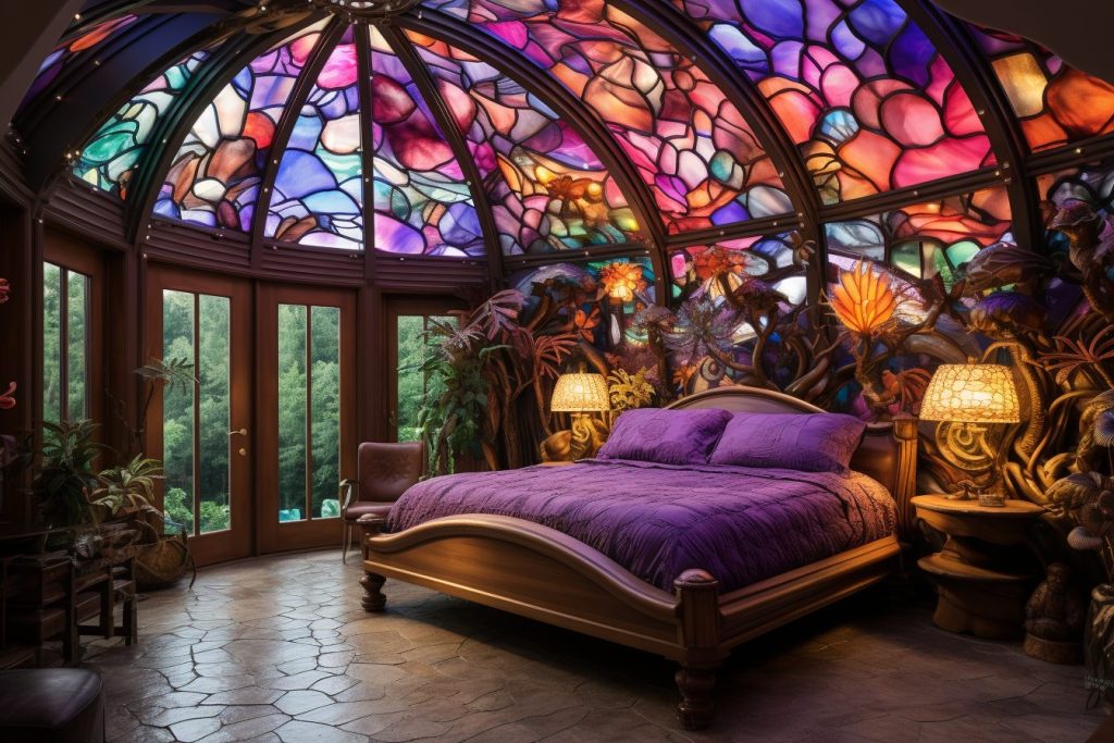 A Bedroom With Beautiful Stained Glass Skylight and Windows AI Artwork 11