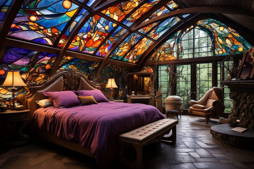 A Bedroom With Beautiful Stained Glass Skylight and Windows AI Artwork 13