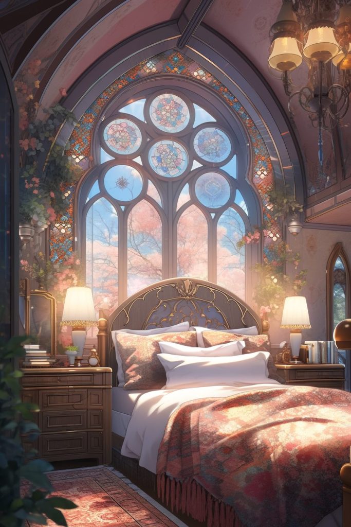 A Bedroom With Beautiful Stained Glass Skylight and Windows AI Artwork 15
