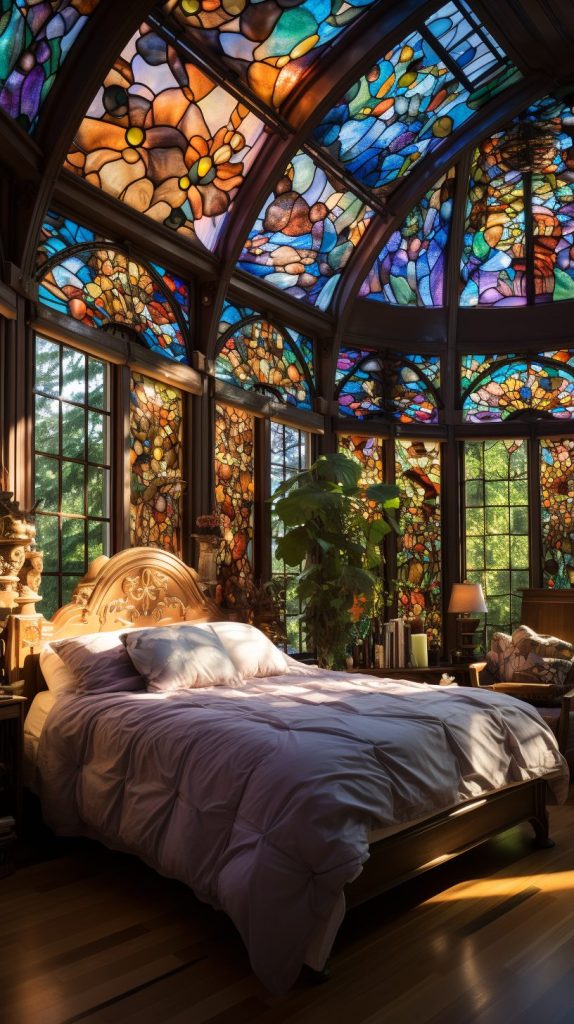 A Bedroom With Beautiful Stained Glass Skylight and Windows AI Artwork 17