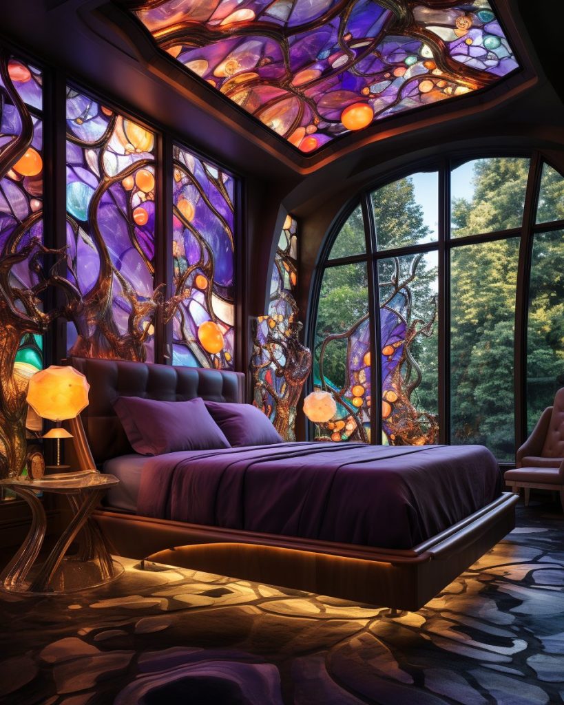 A Bedroom With Beautiful Stained Glass Skylight and Windows AI Artwork 20