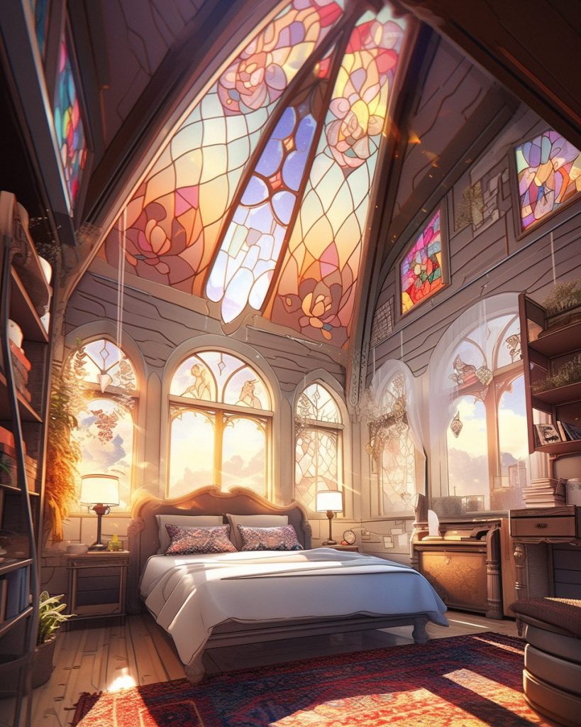 A Bedroom With Beautiful Stained Glass Skylight and Windows AI Artwork 21