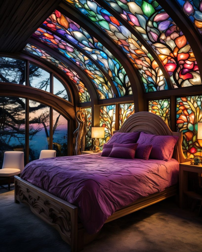 A Bedroom With Beautiful Stained Glass Skylight and Windows AI Artwork 26