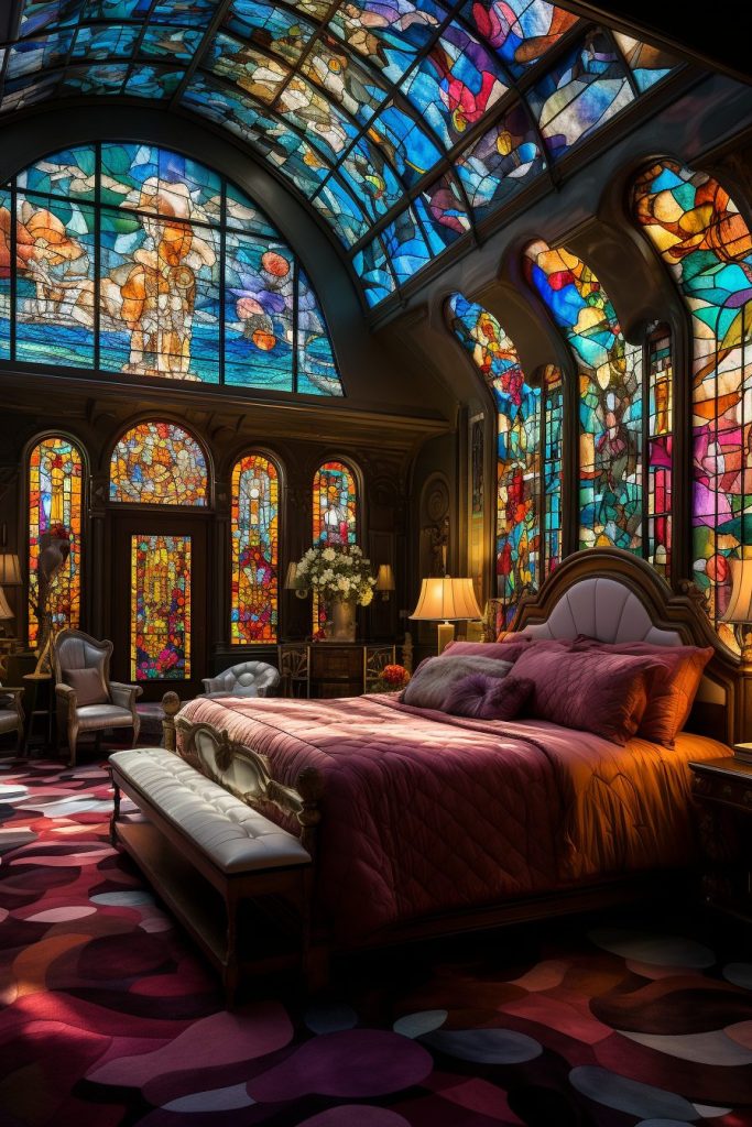 A Bedroom With Beautiful Stained Glass Skylight and Windows AI Artwork 6