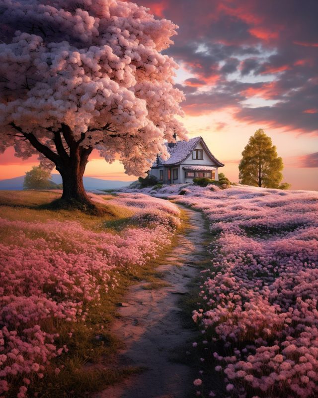 A Cottage Surrounded by a Carpet of Flowers AI Artwork