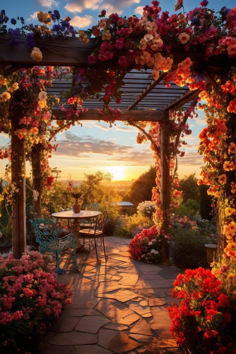 A Pergola Surrounded By Beautiful and Colorful Flowers