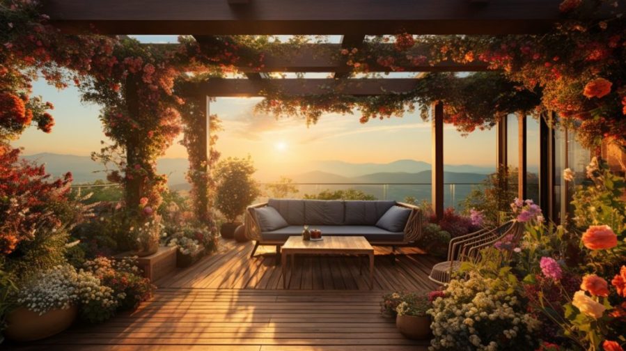 A Pergola Surrounded By Beautiful and Colorful Flowers AI Artwork