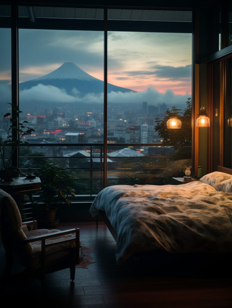 Apartment Bedroom in Japan with a View of Mount Fuji AI Artwork 10